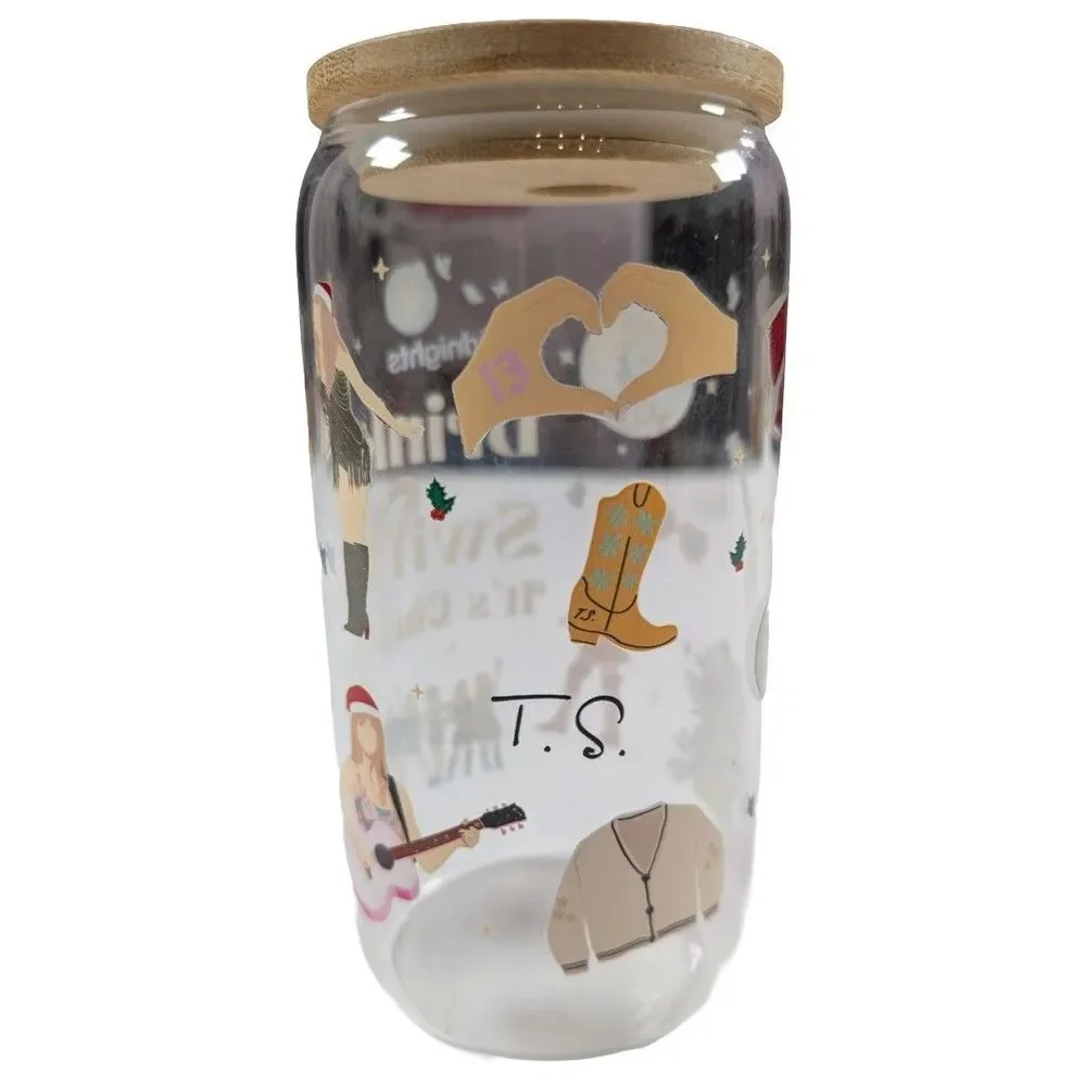 Care Bears Holiday Glass Tumbler With Bamboo Lid and Straw | Holds 16 Ounces